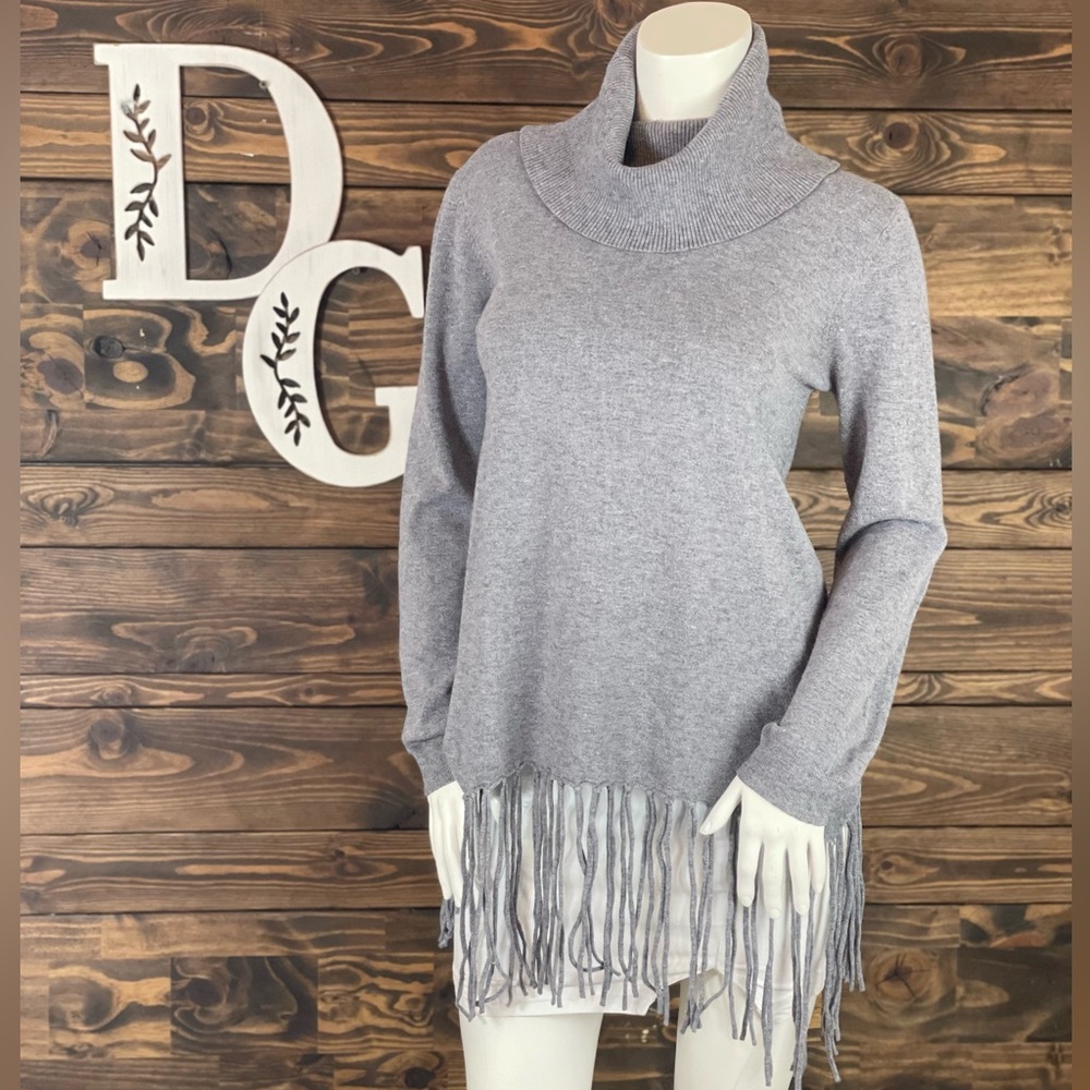 Oliver by Escio | Heather Gray Cowl Neck Tunic Sweater Ribbed Knit Fringe Bottom